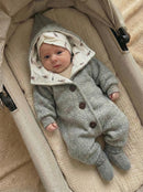 Walkoverall Mitwachsend Wollwalk grau Pinguin Knotenstirnband Kapuze Mitwachsend handmade baby kind hejleen kidswear